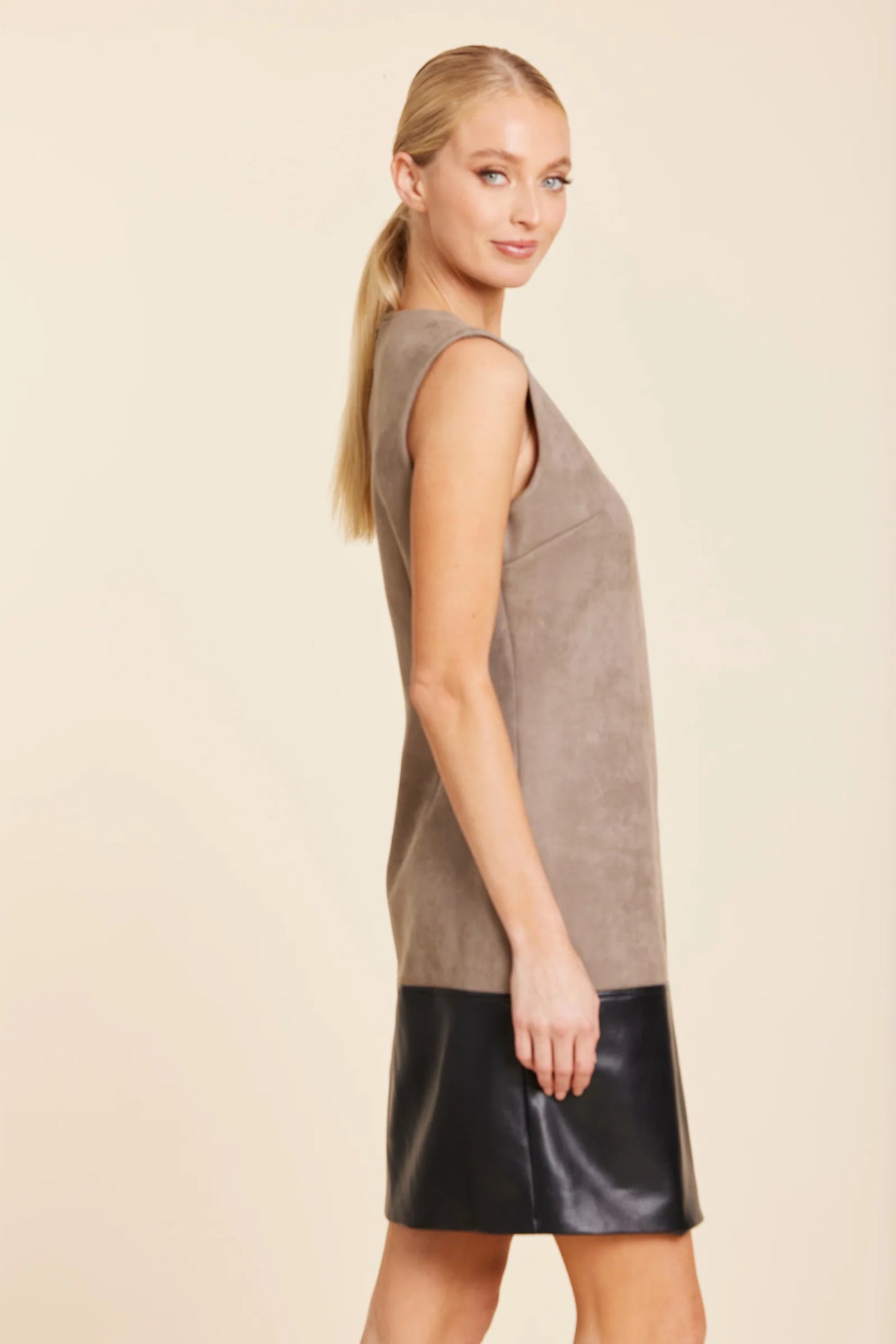 Faux Suede And Faux Leather Block Dress in Stone