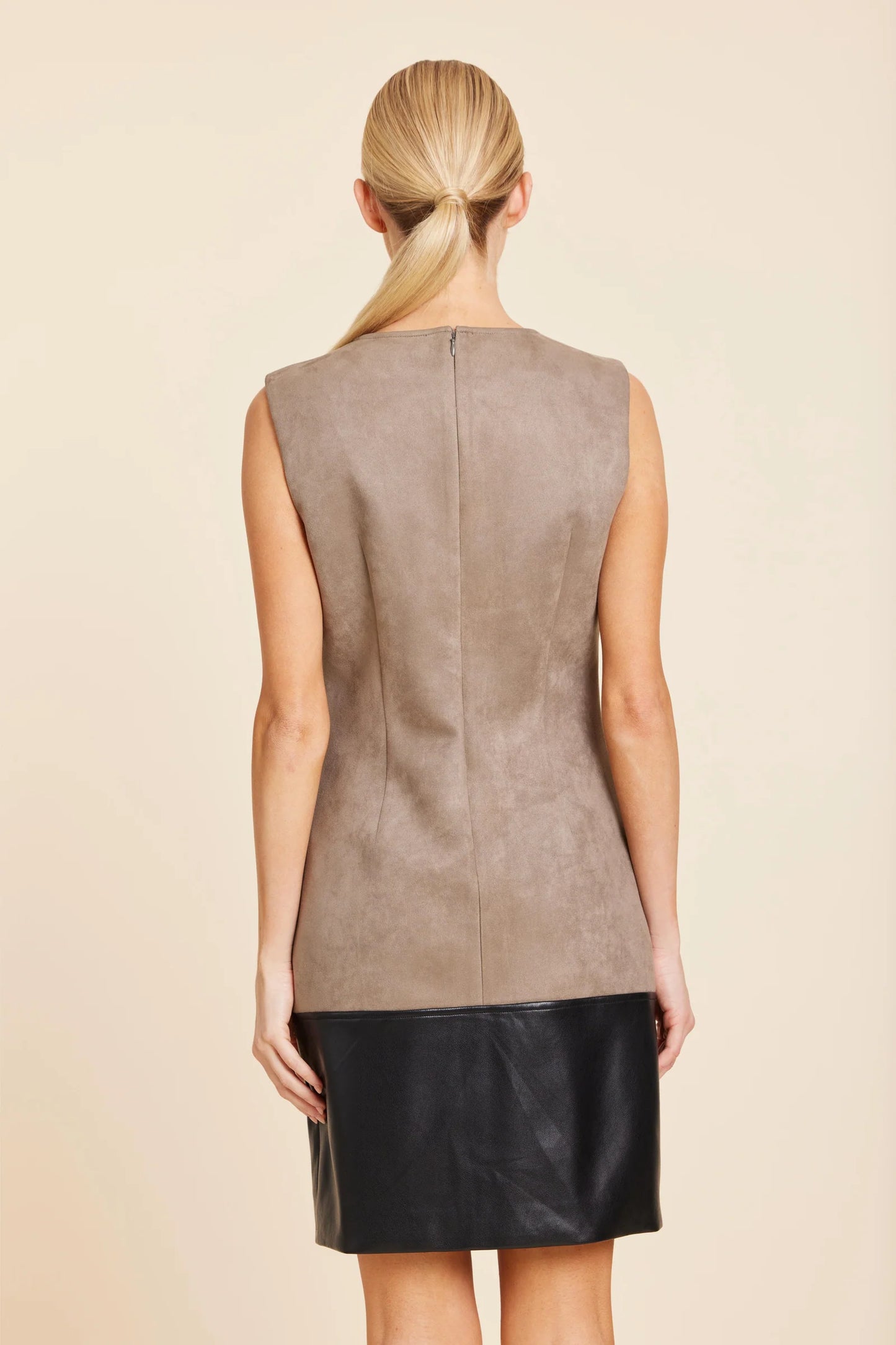Faux Suede And Faux Leather Block Dress in Stone