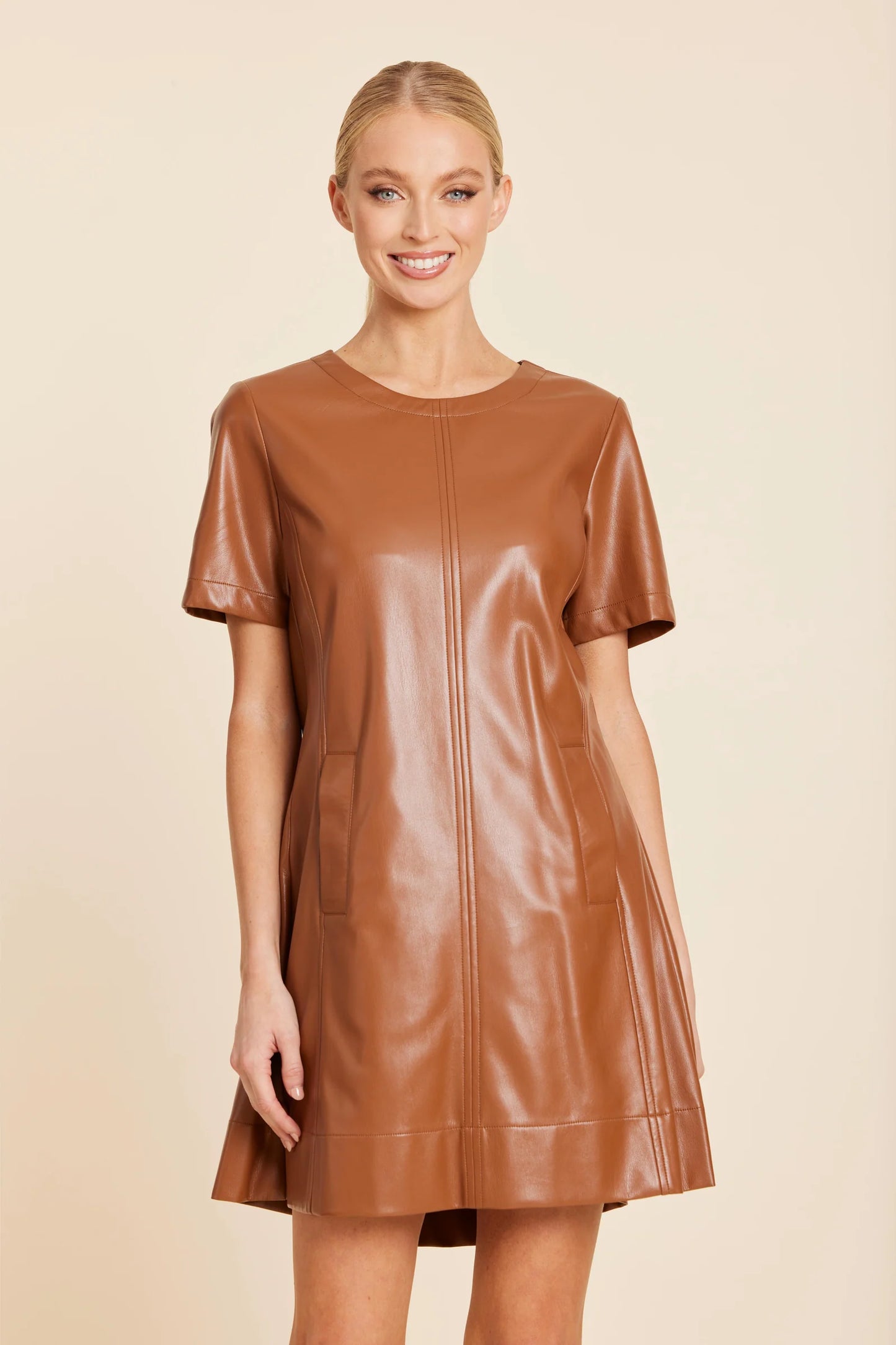 Faux Leather Pleat Dress in Saddle