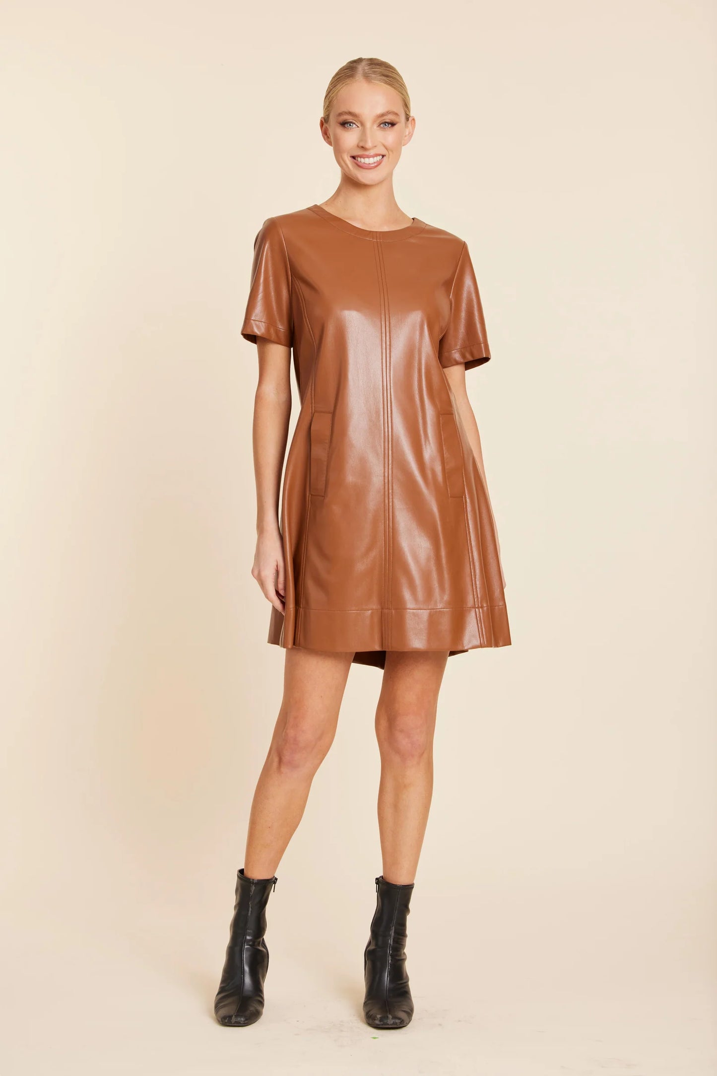 Faux Leather Pleat Dress in Saddle