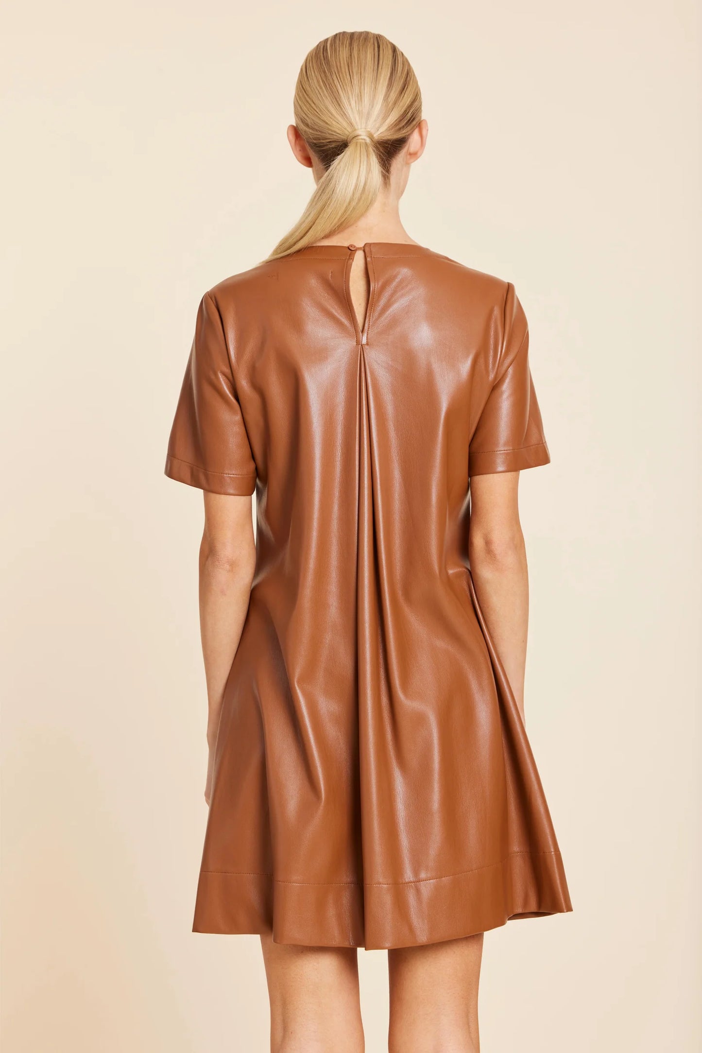 Faux Leather Pleat Dress in Saddle