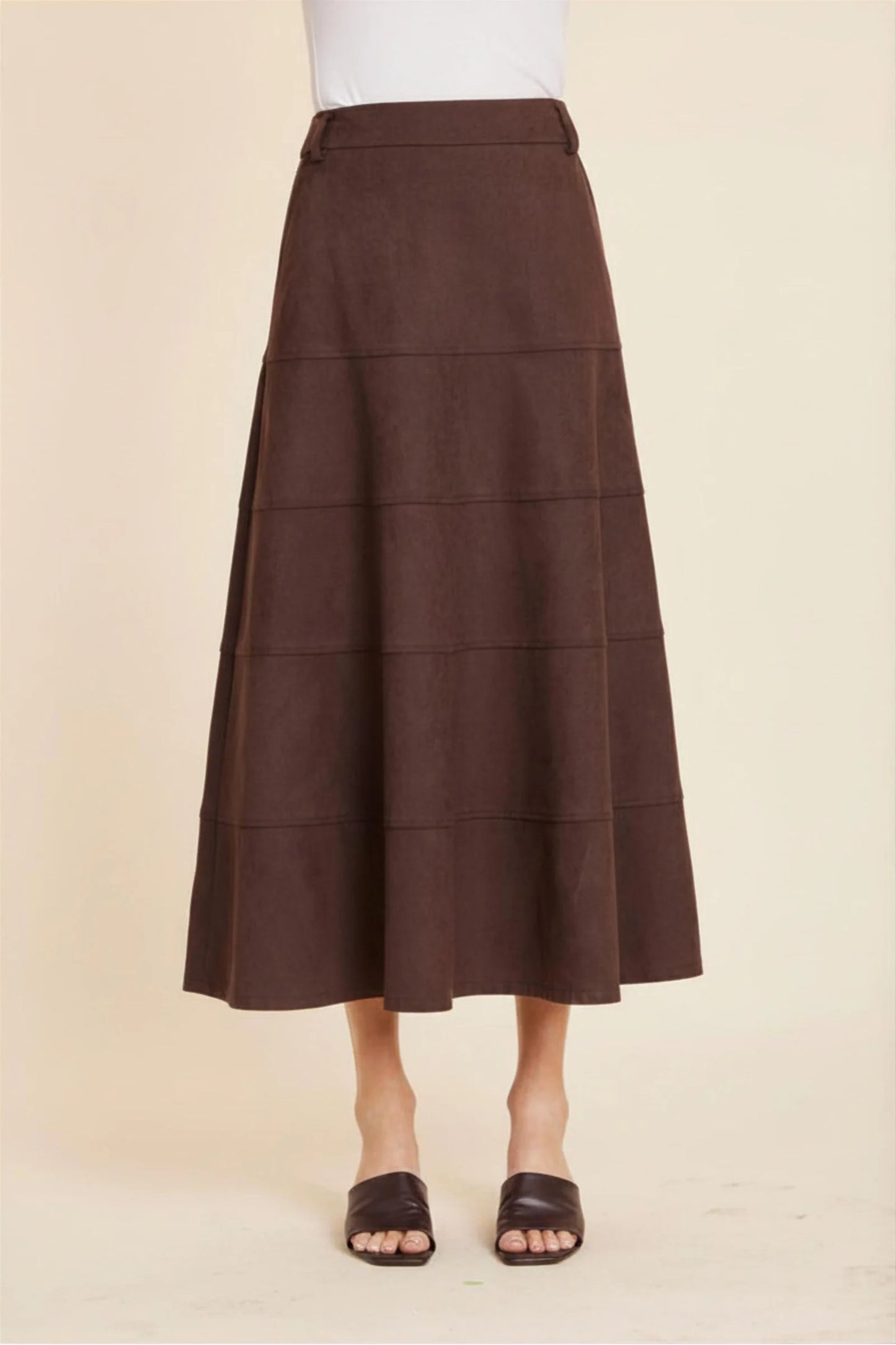 Faux Suede Paneled Full Skirt in Coffee