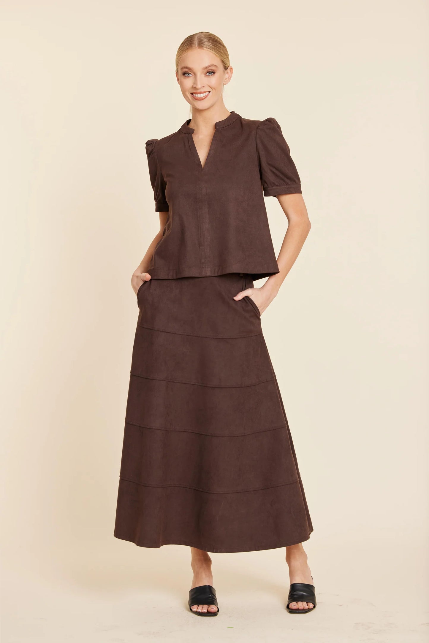 Faux Suede Paneled Full Skirt in Coffee