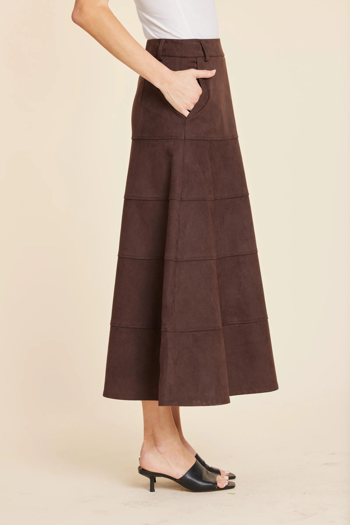 Faux Suede Paneled Full Skirt in Coffee