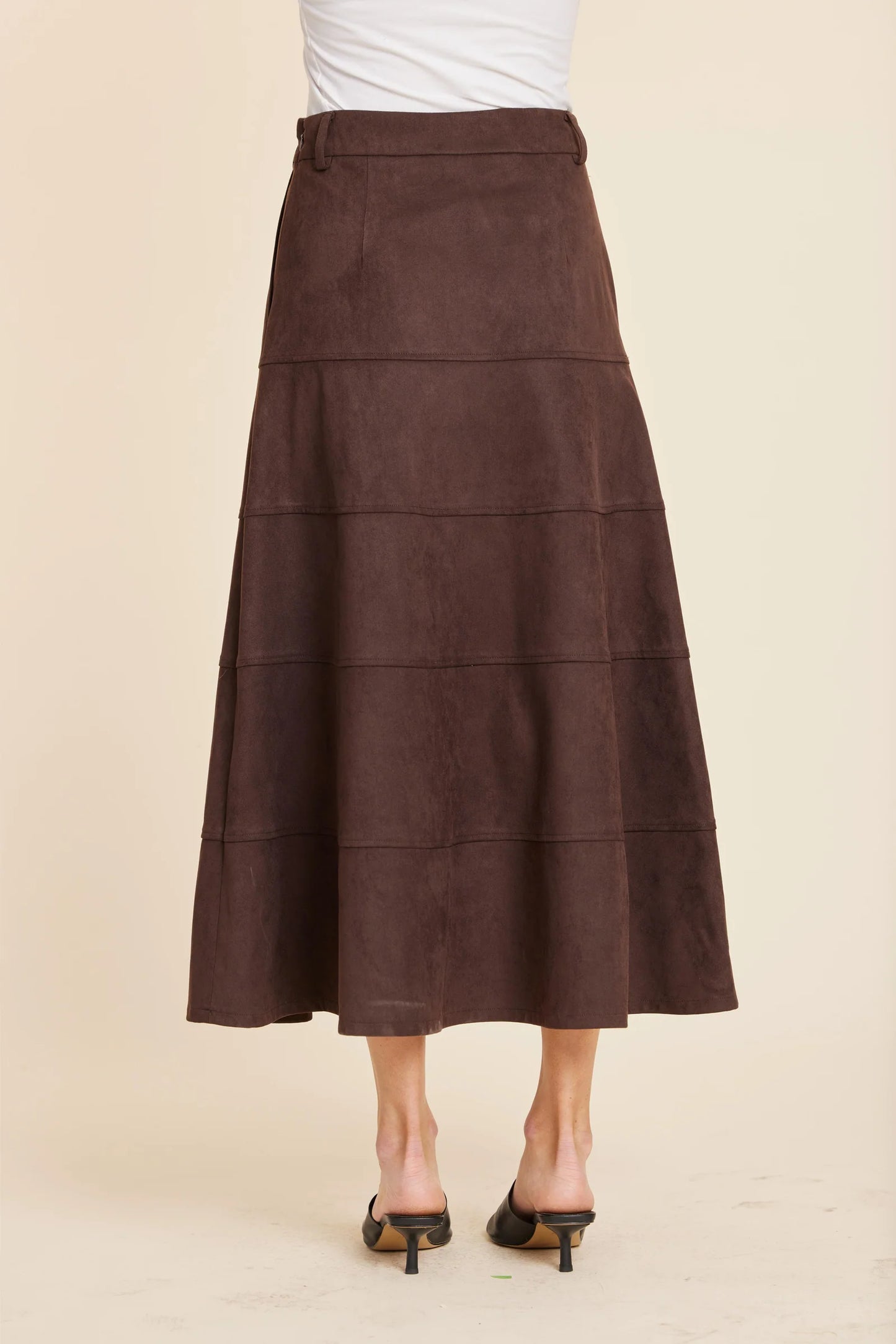 Faux Suede Paneled Full Skirt in Coffee
