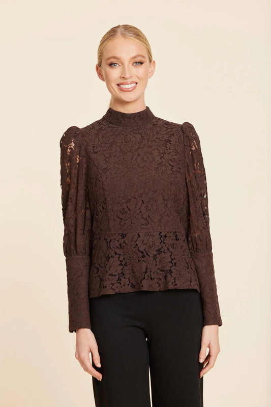 Floral Lace Pearl Button Longsleeve Peplum Top in Coffee