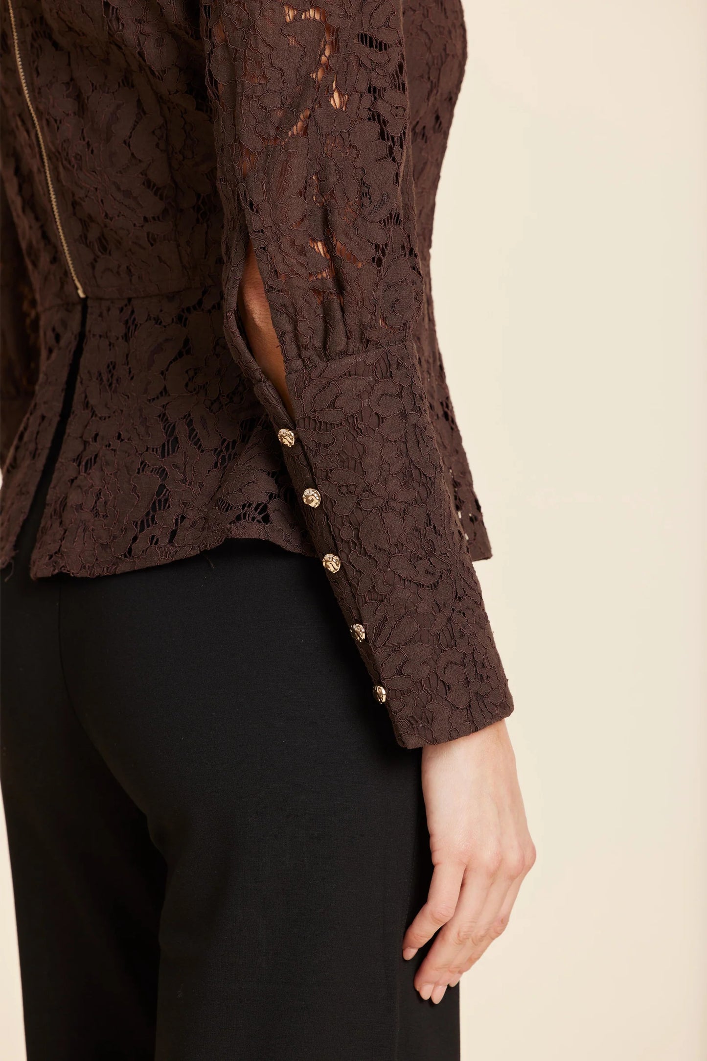 Floral Lace Pearl Button Longsleeve Peplum Top in Coffee