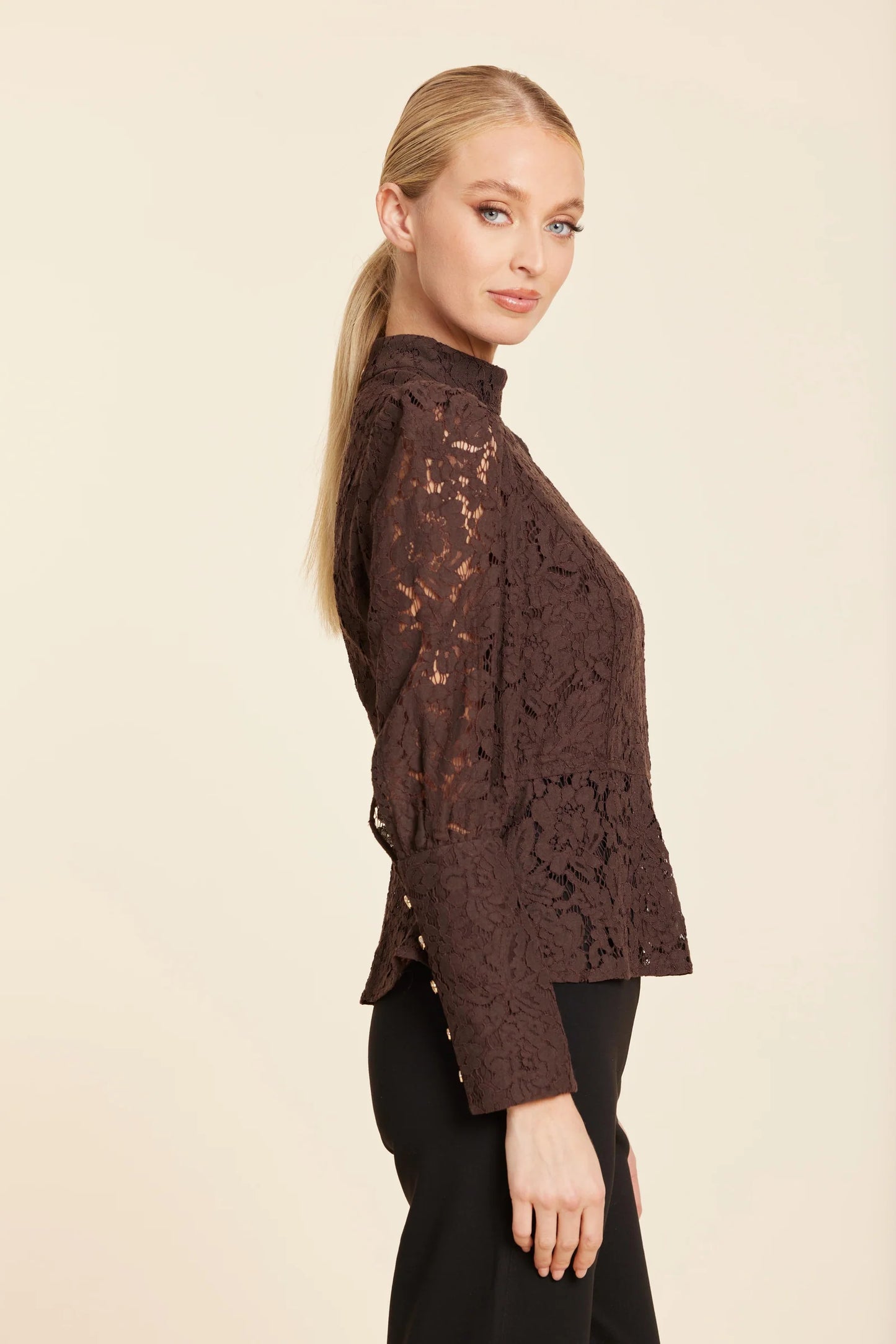 Floral Lace Pearl Button Longsleeve Peplum Top in Coffee