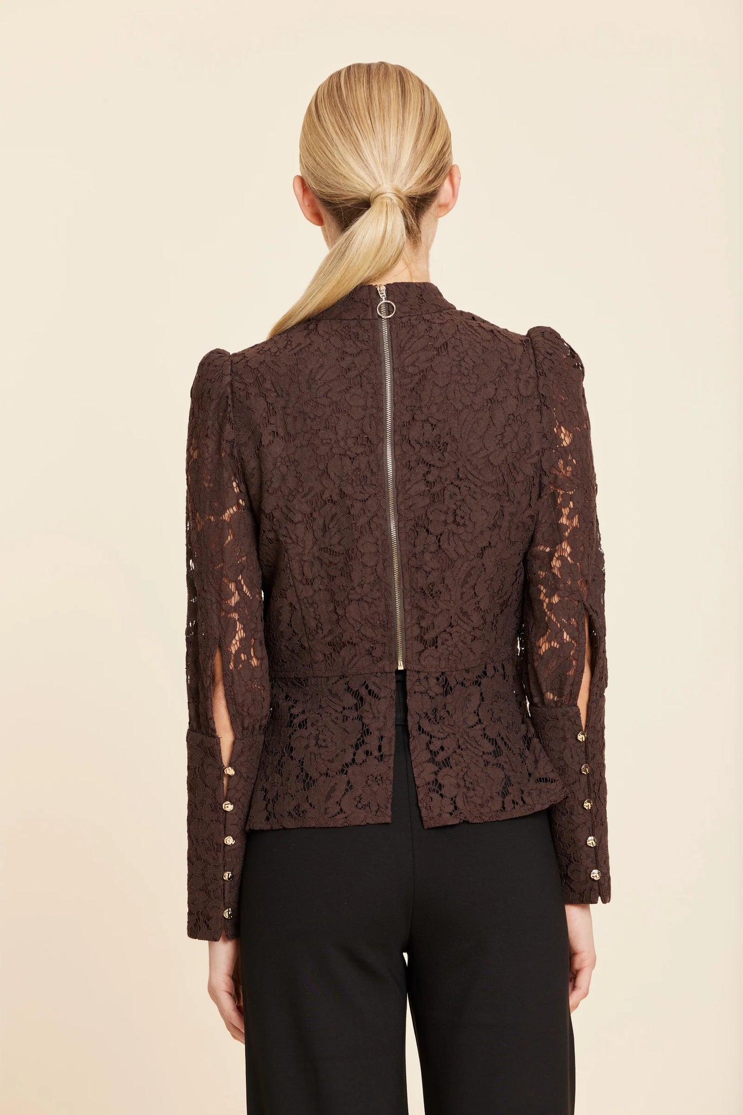 Floral Lace Pearl Button Longsleeve Peplum Top in Coffee