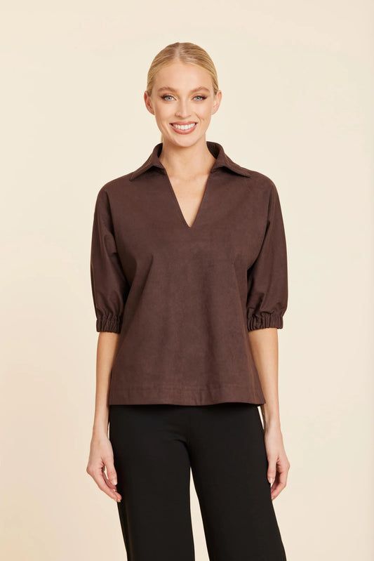 Faux Suede Johnny Collar Top in Brown