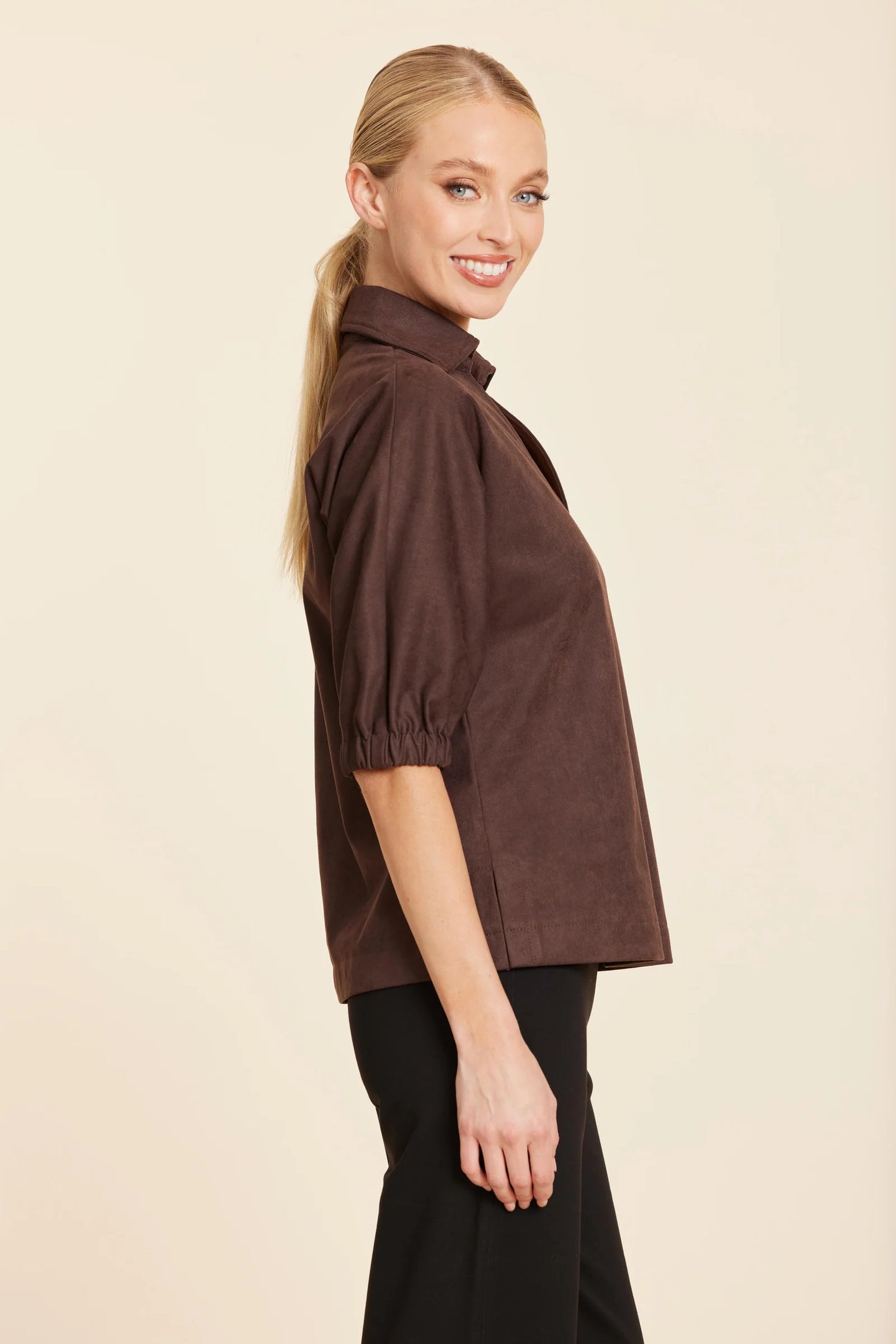 Faux Suede Johnny Collar Top in Brown