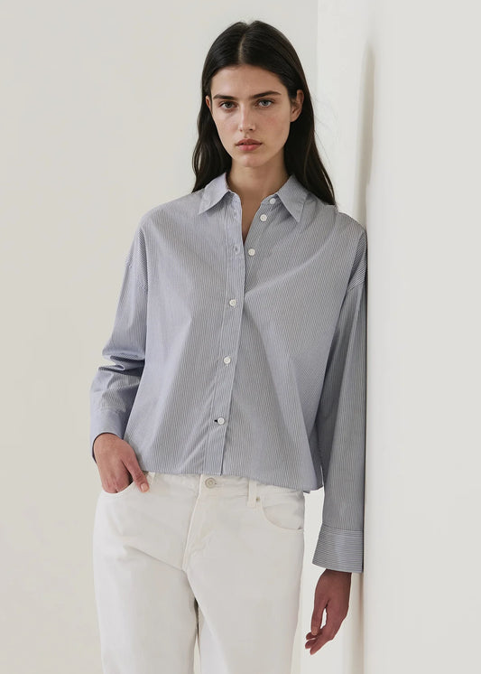 Patrick Assaraf Long Sleeve Cotton Stripe Boxy Shirt in Marine