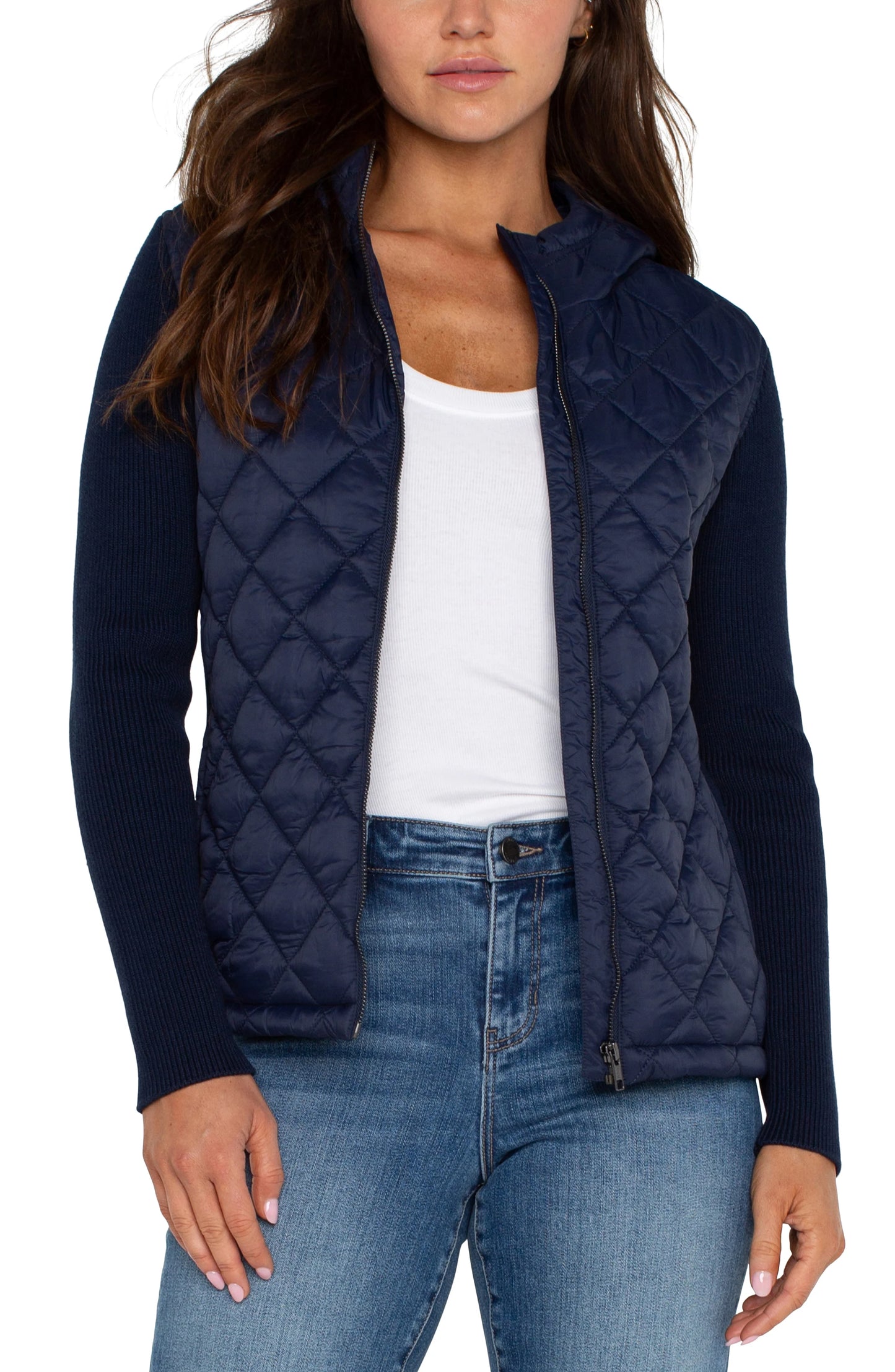 Quilted Front Full Zip Hooded Sweater