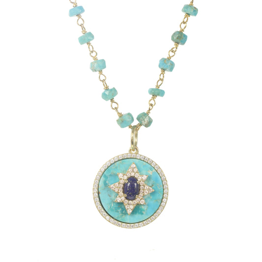 Turquoise And Blue Lapis Pendant Necklace W/ CZ Pave