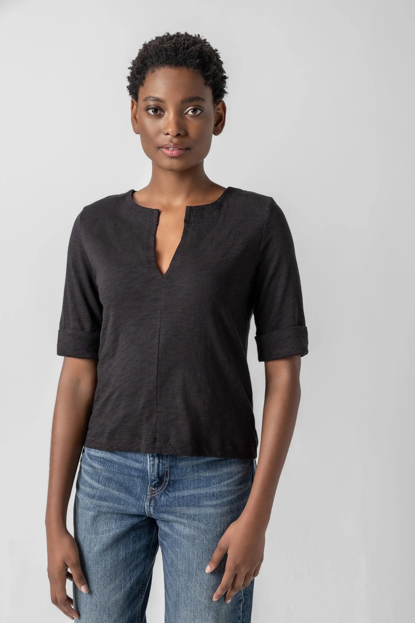 Cuffed Sleeve Split Neck