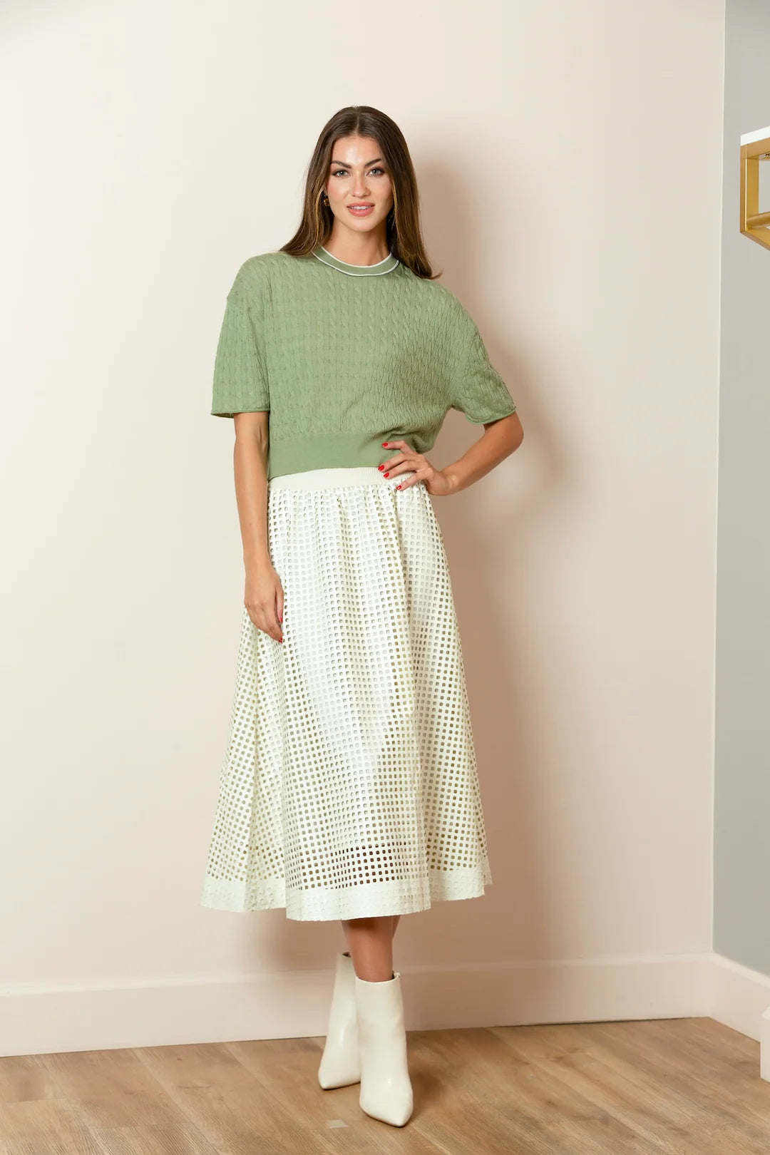 Serena Perforated Pleather Gathered Midi Skirt In Ivory