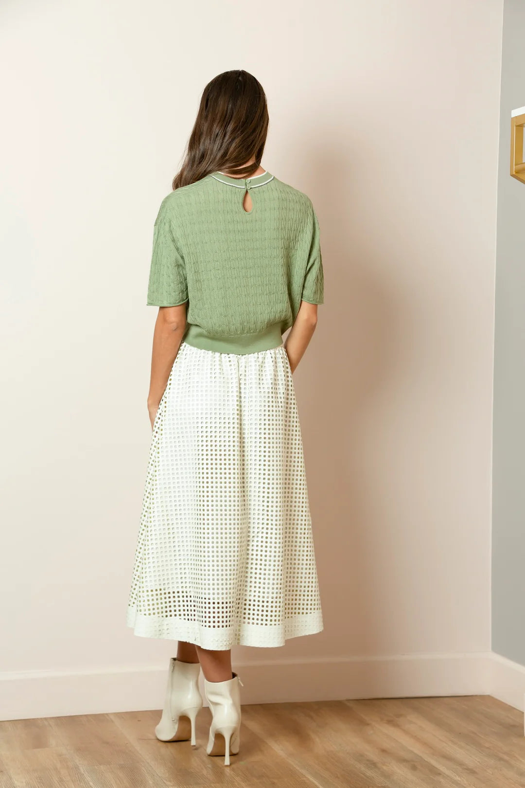 Serena Perforated Pleather Gathered Midi Skirt In Ivory