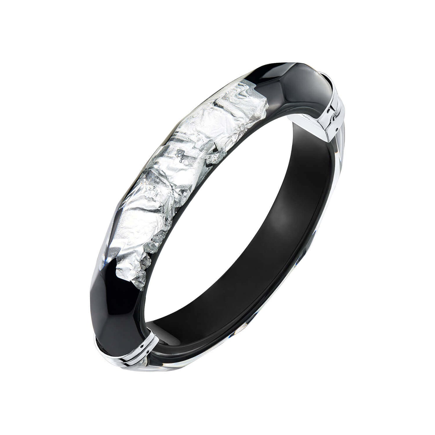 Silver Leaf Lucite Oval Magnetic Bangle in Black