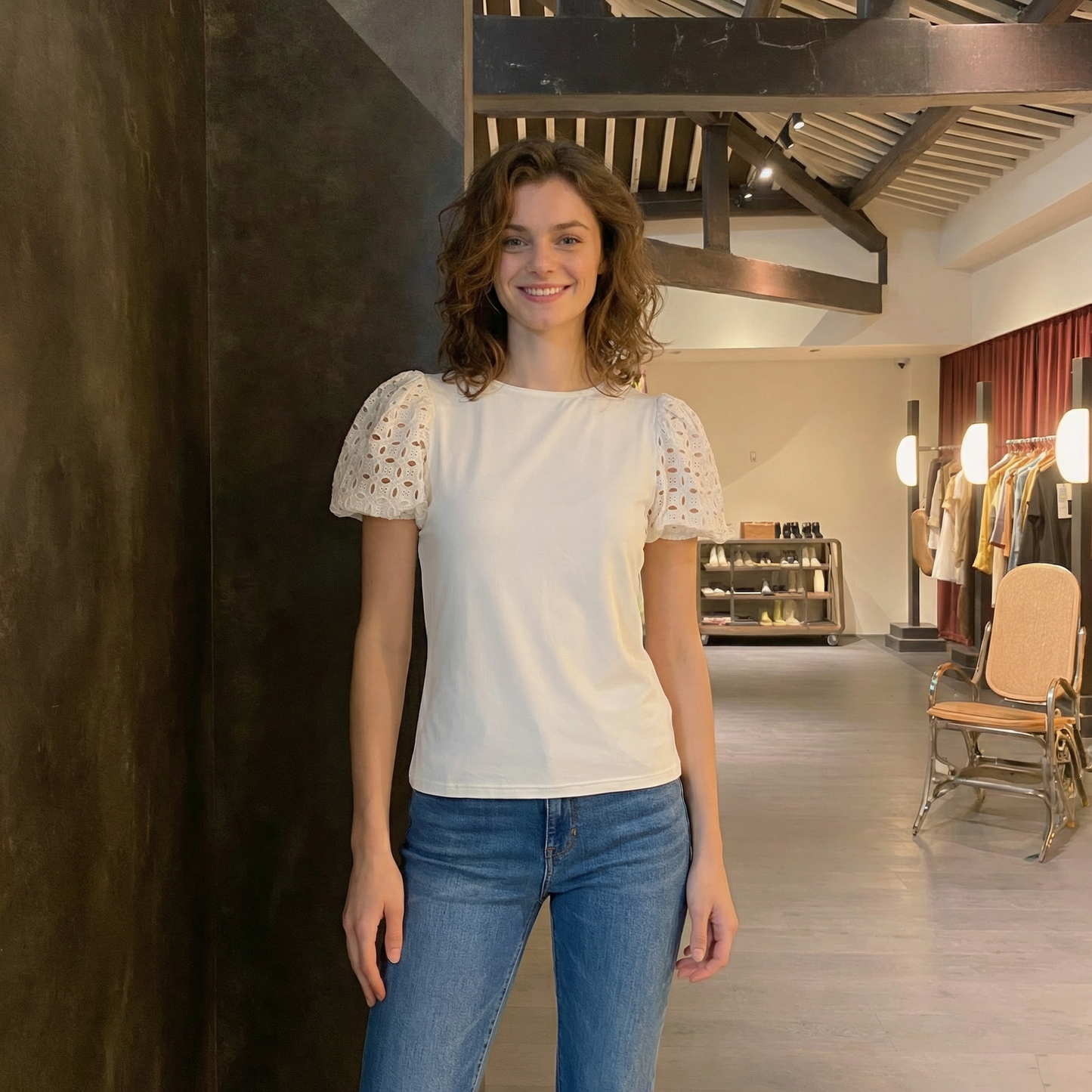 White Matteo Top with Eyelet Sleeves