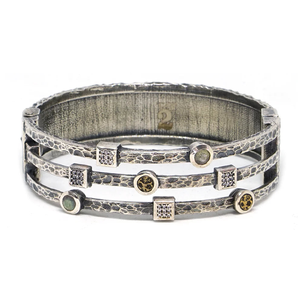 Vintage Silver Denube Labradorite & Crystal 3 Row Bangle