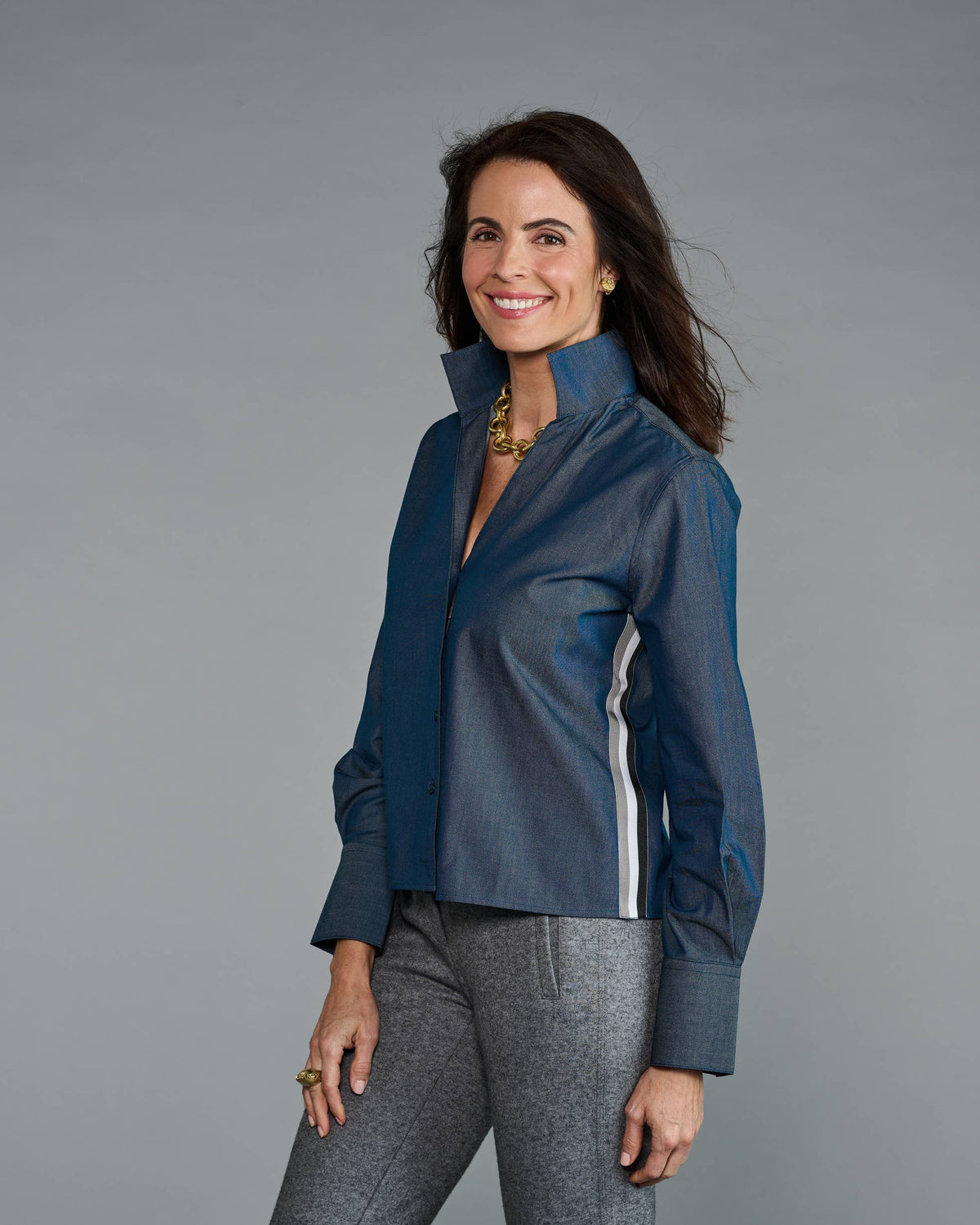 The League Crop Shirt in Dark Blue Denim with Stripe Trim