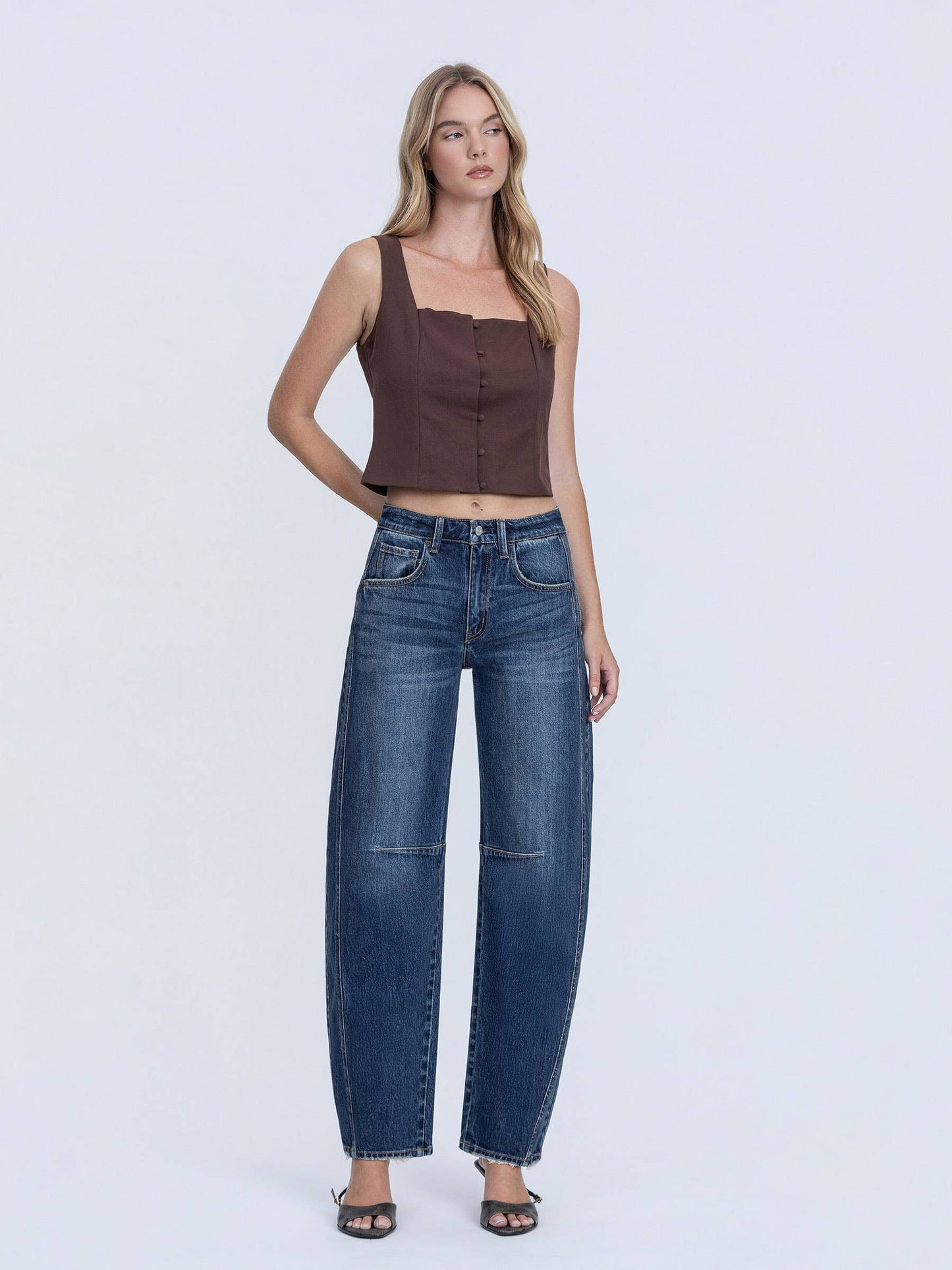 HIGH RISE DARK WASH BARREL JEANS T7200