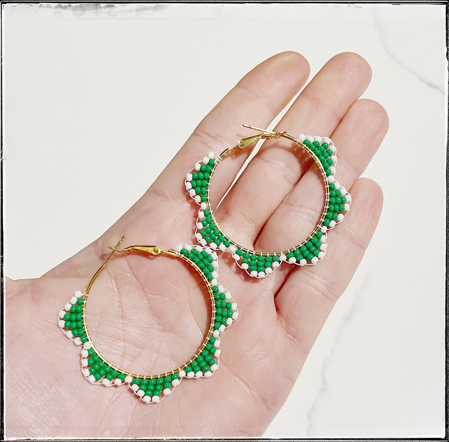 Glass Seed Bead Scalloped Hoop Circle Brass Earrings Green
