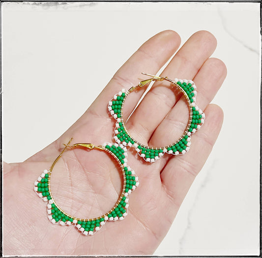 Glass Seed Bead Scalloped Hoop Circle Brass Earrings Green