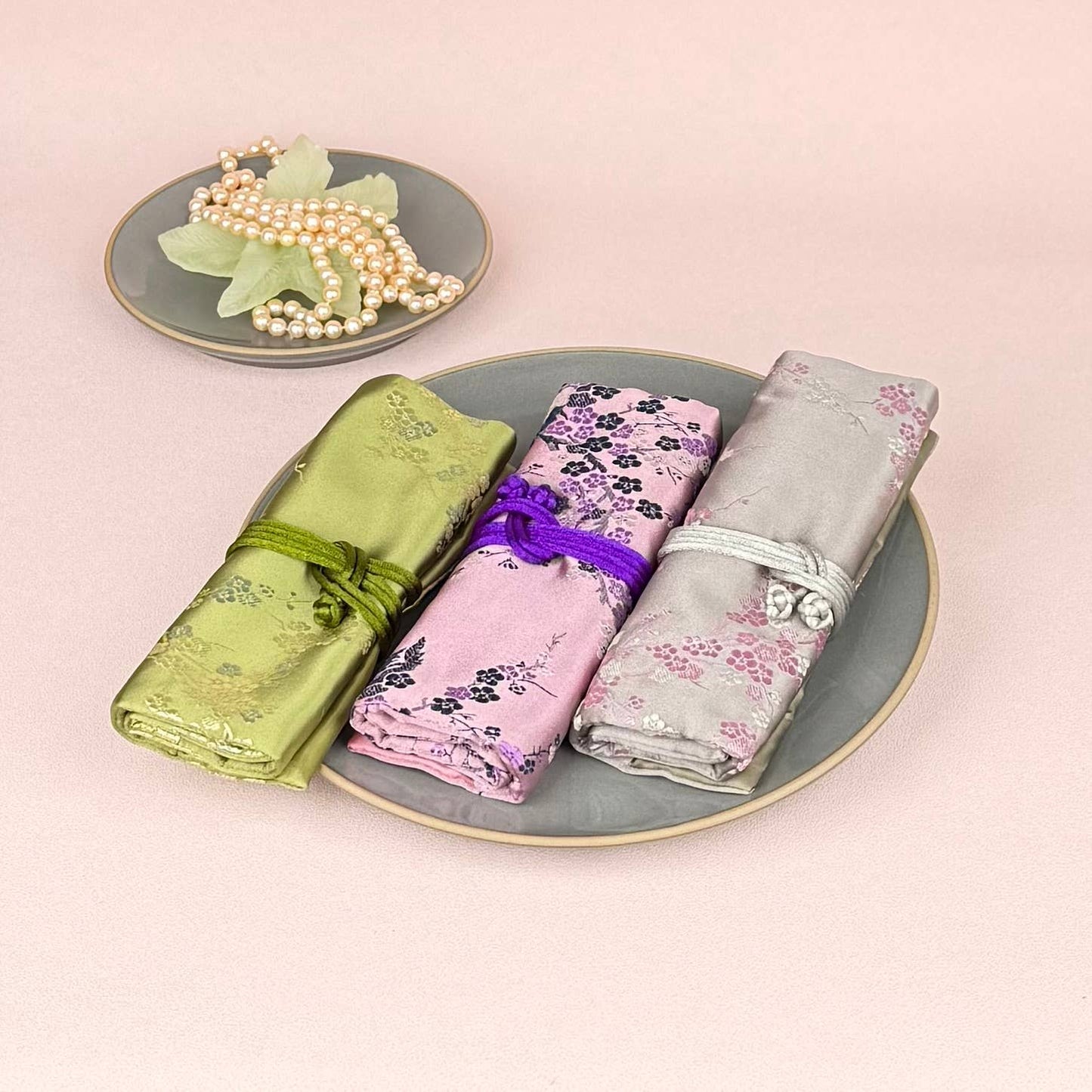 Cherry Blossom Brocade Jewelry Rolls, Travel Jewelry Pouch