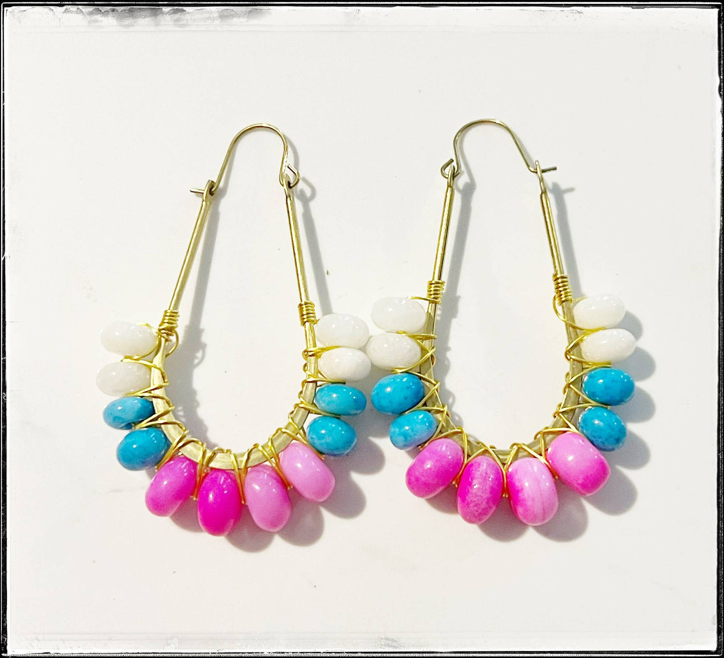 Wire Wrapped Hoop Glass Bead Dangle Earring Turquoise Pink
