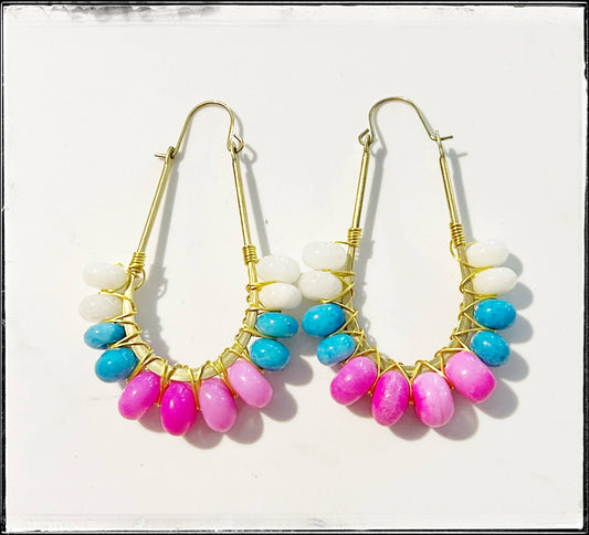 Wire Wrapped Hoop Glass Bead Dangle Earring Turquoise Pink