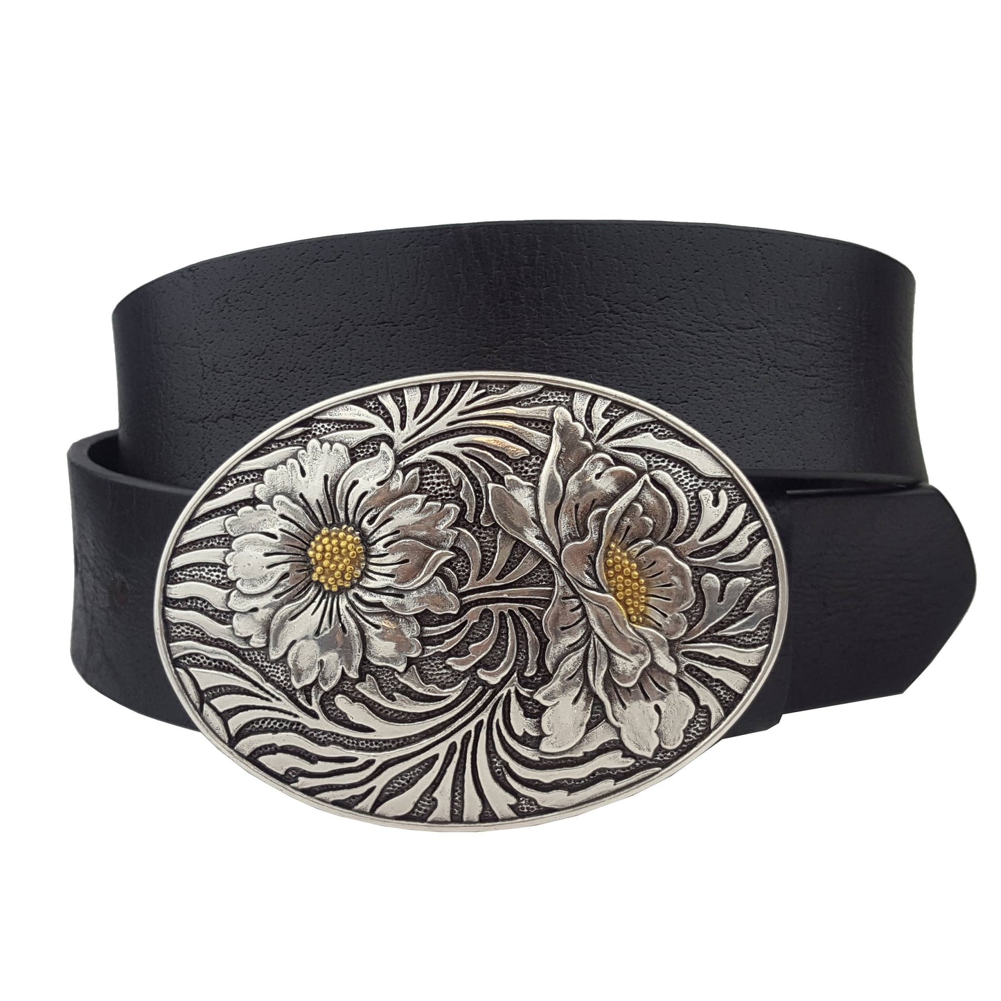 Genuine leather belt w. Western Oval Sunflower Buckle