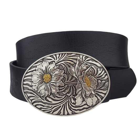 Genuine leather belt w. Western Oval Sunflower Buckle