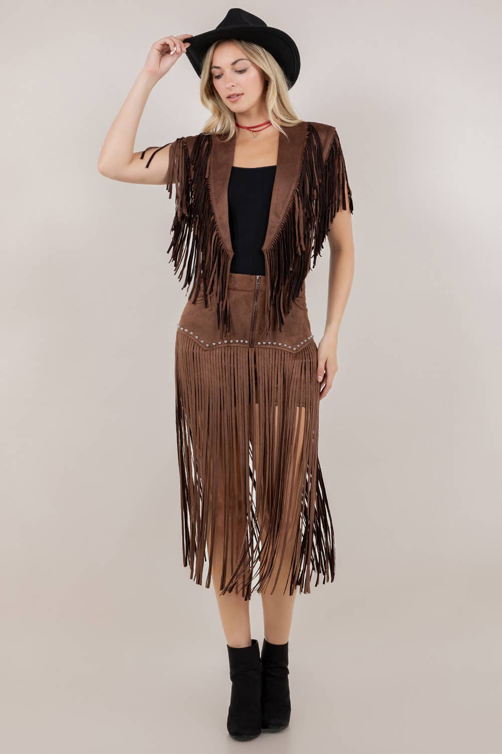 SIJ5247A BROWN TRENDY WESTERN FRINGE SUEDE COLLAR / SHRUG