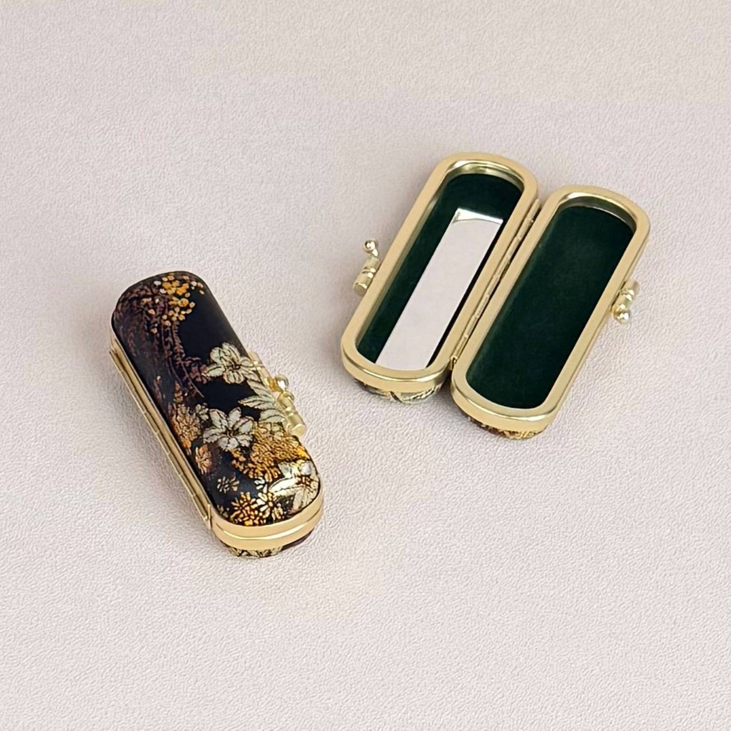 Small Floral Brocade  Lipstick Case / Holder
with Mirror