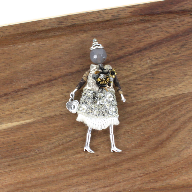 B25281 Stone Adorned French Doll Stainless Steel Brooch