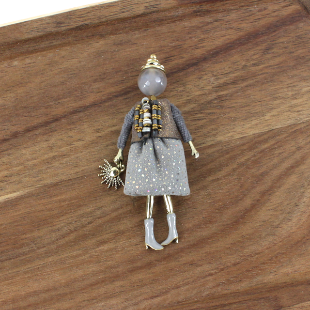 B25281 Stone Adorned French Doll Stainless Steel Brooch