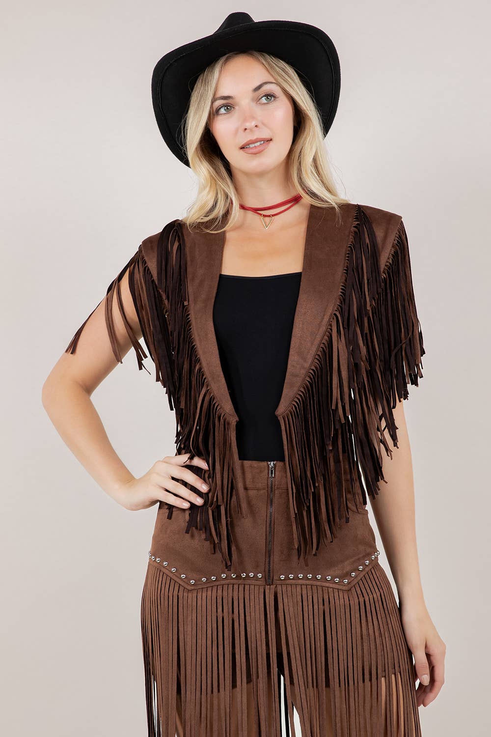 SIJ5247A BROWN TRENDY WESTERN FRINGE SUEDE COLLAR / SHRUG