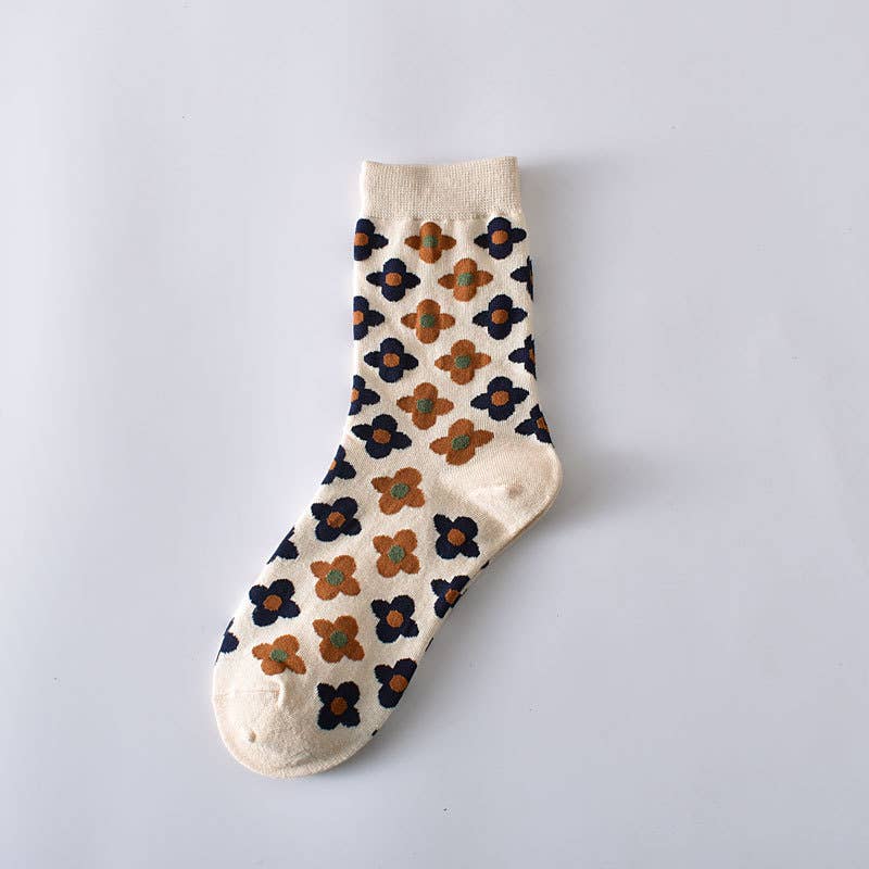 Women’s Cotton Crew Socks – Retro Floral Pattern