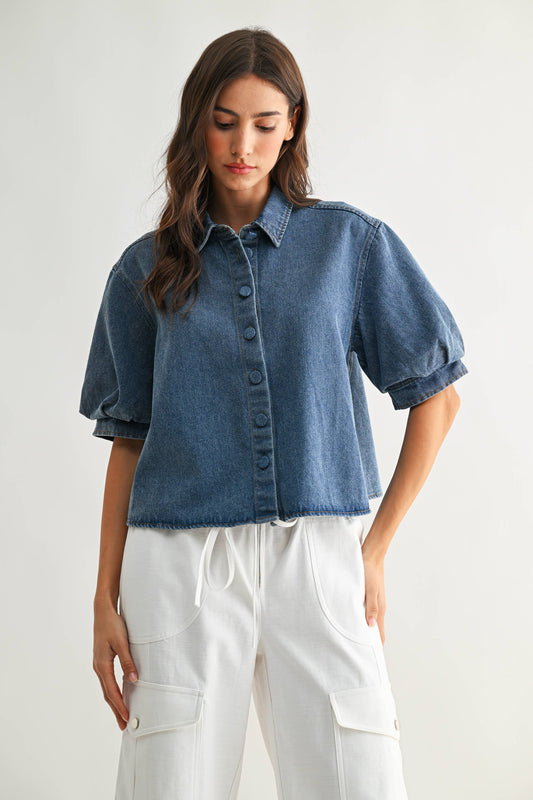 CJT26783 Short-Sleeve Cropped Denim Shirt