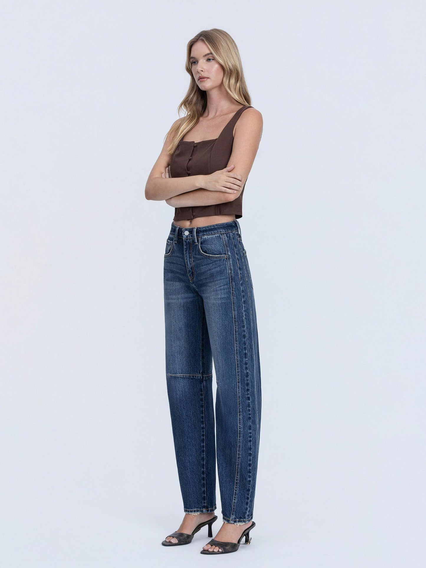 HIGH RISE DARK WASH BARREL JEANS T7200