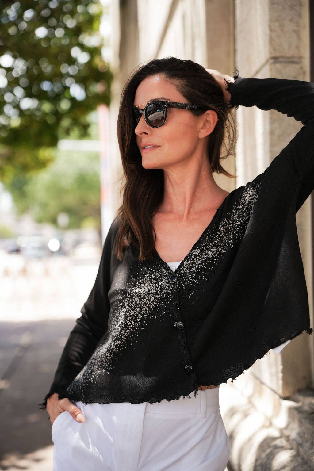Pima Cotton Bleached Cardi - Black/White