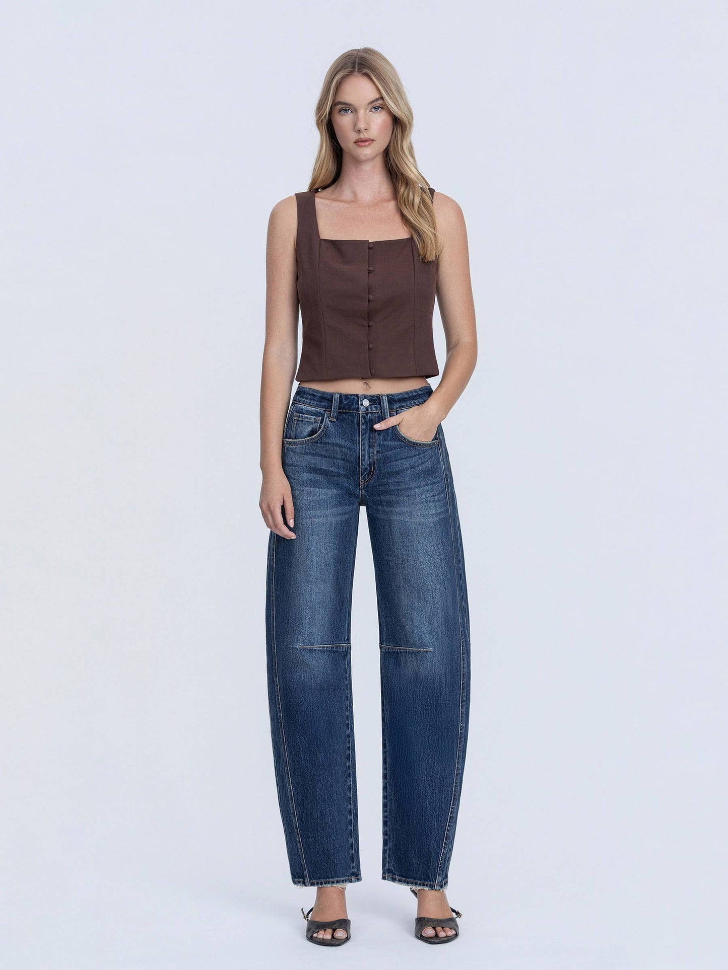 HIGH RISE DARK WASH BARREL JEANS T7200