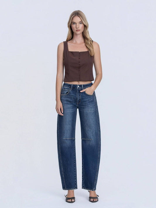HIGH RISE DARK WASH BARREL JEANS T7200