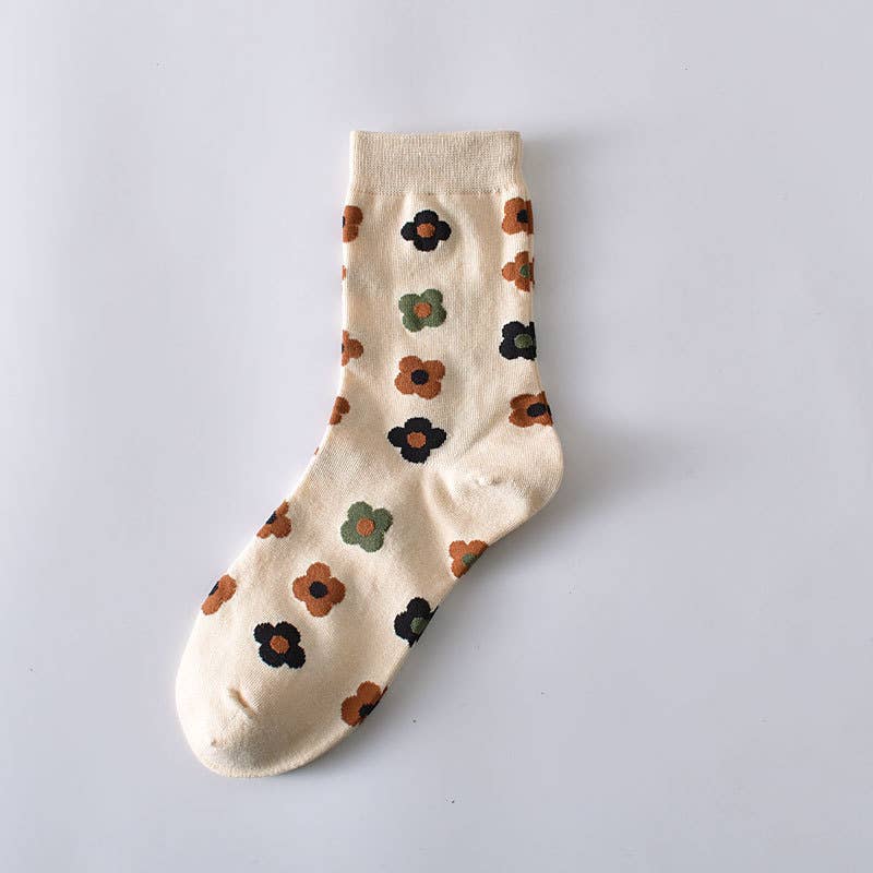 Women’s Cotton Crew Socks – Retro Floral Pattern