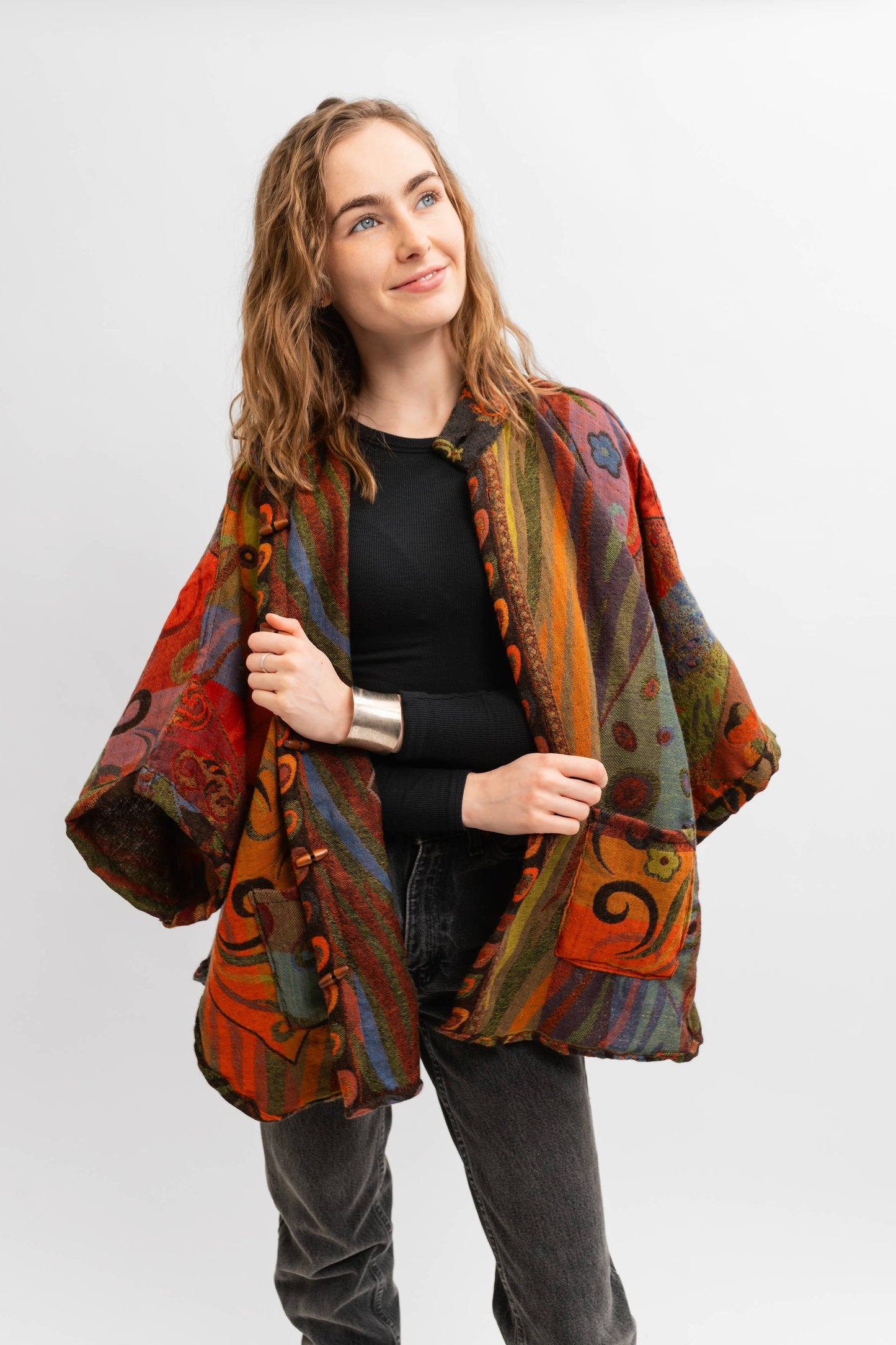 700/Handmade Reversible Merino Kimono Jacket Autumn Abstract