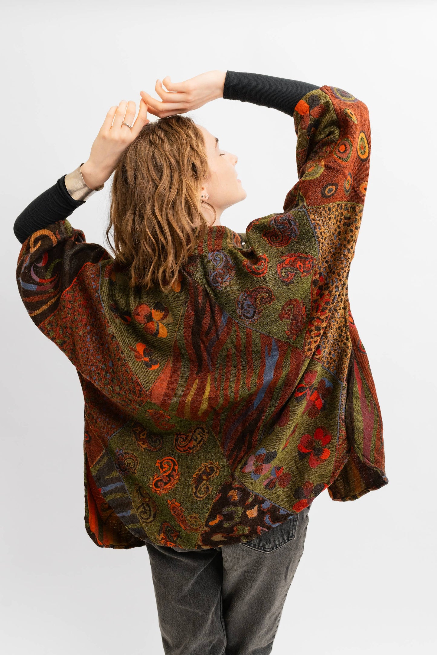 700/Handmade Reversible Merino Kimono Jacket Autumn Abstract