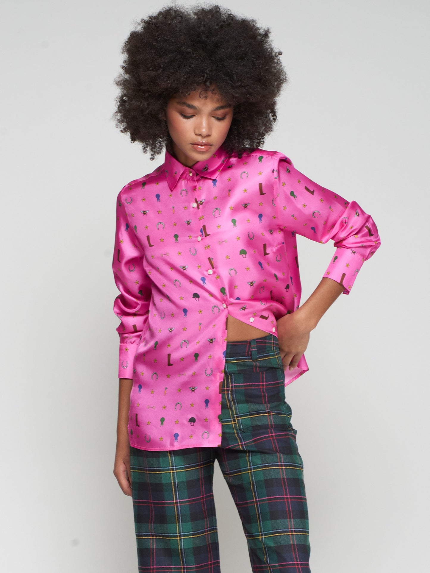 PINK SILK SHIRT EQUESTRIAN PRINT